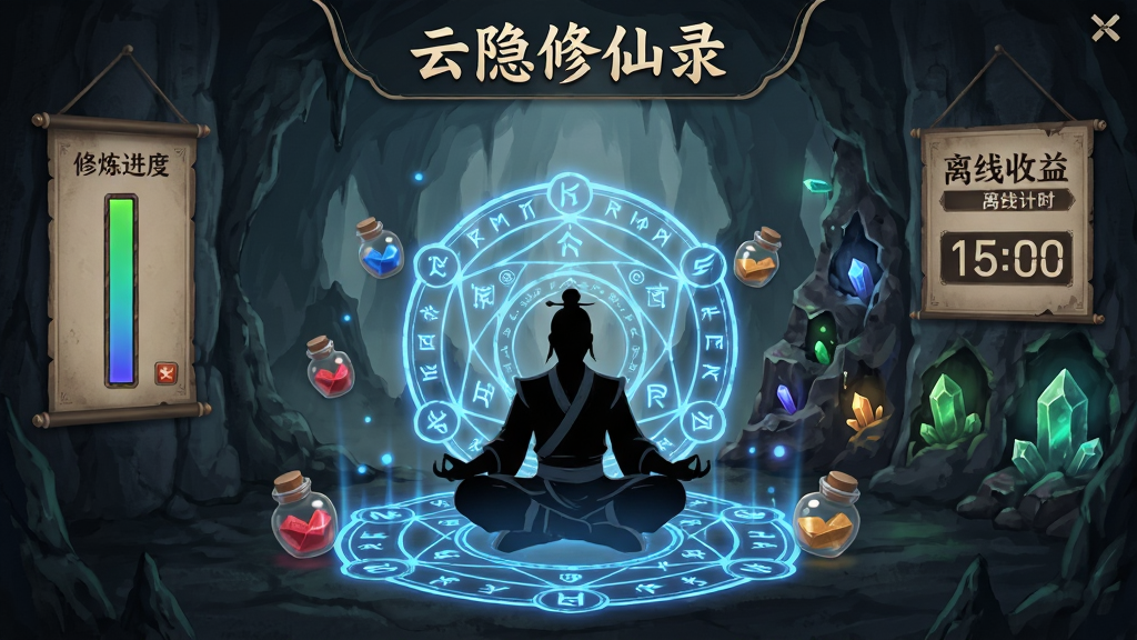 画面展示“云隐修仙录”洞府内部场景,中央是一个打坐的修士剪影,周围漂浮着聚灵阵符文与丹药瓶,墙上挂着修炼进度条与离线收益倒计时面板,背景为幽静山洞与灵石矿脉,风格为古风修仙经营界面,排版居中对称,细节上聚灵阵有蓝色光效,画质高清,干净无多余元素