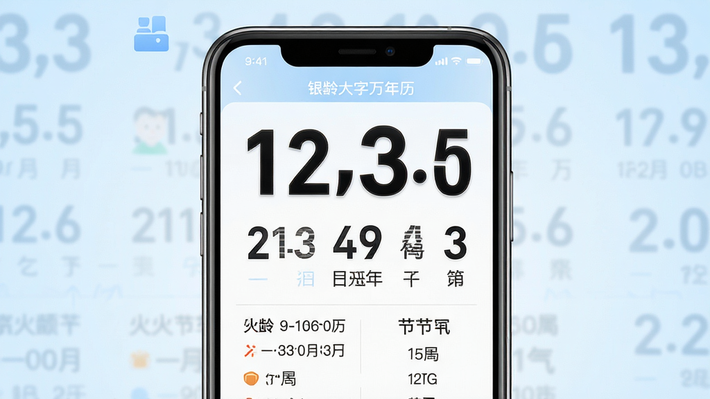 银龄大字万年历手机应用界面展示,画面中央是一部智能手机,屏幕上显示超大号数字日历,日期数字清晰醒目,下方配有农历信息和节气标注,整体布局简洁干净,背景为柔和的浅蓝色渐变,风格温馨适老,细节上突出大字体和清晰图标,画质高清,干净无多余元素