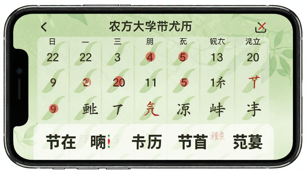 银龄大字万年历节气节日展示界面,手机屏幕显示农历月份视图,重要节日和节气用红色圆点标注,下方有节日名称文字说明,字体大而清晰,整体布局规整,背景为浅绿色调,风格清新自然,画质高清,无多余元素