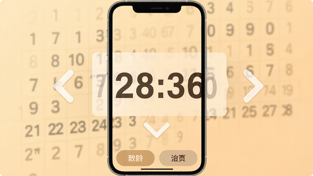 银龄大字万年历操作界面,画面展示简洁的手机应用主页面,大号日期数字居中,上下滑动切换月份的示意箭头清晰可见,底部有少量功能按钮,整体布局极简,字体大而醒目,背景为柔和的暖色调,风格亲切易用,画质高清,干净整洁