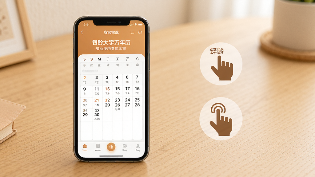 银龄大字万年历安装使用场景示意图,画面展示一部智能手机放置在桌面上,屏幕上显示安装完成的日历应用界面,旁边有简单的操作手势图标,整体风格简洁明了,色调温暖,画质高清,干净无多余元素