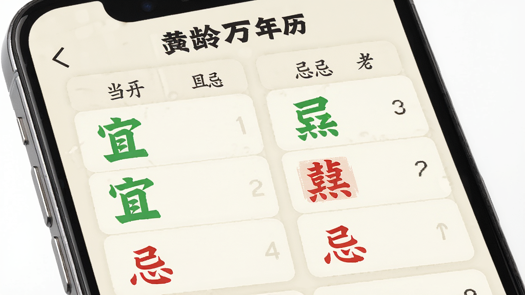 银龄大字万年历老黄历功能界面,手机屏幕上显示当日宜忌列表,宜字用绿色标注,忌字用红色标注,排版整齐清晰,字体大而醒目,背景为淡雅的米白色,风格传统简约,画质高清,干净无杂乱元素