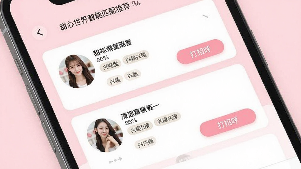 一张展示甜心世界智能匹配推荐功能的界面图,画面主体是手机屏幕中呈现的推荐用户列表,每个卡片包含头像、昵称和兴趣标签,背景为柔和的浅粉色,布局简洁清晰,风格现代甜美,细节包括匹配度百分比和打招呼按钮,画质高清干净,无多余元素