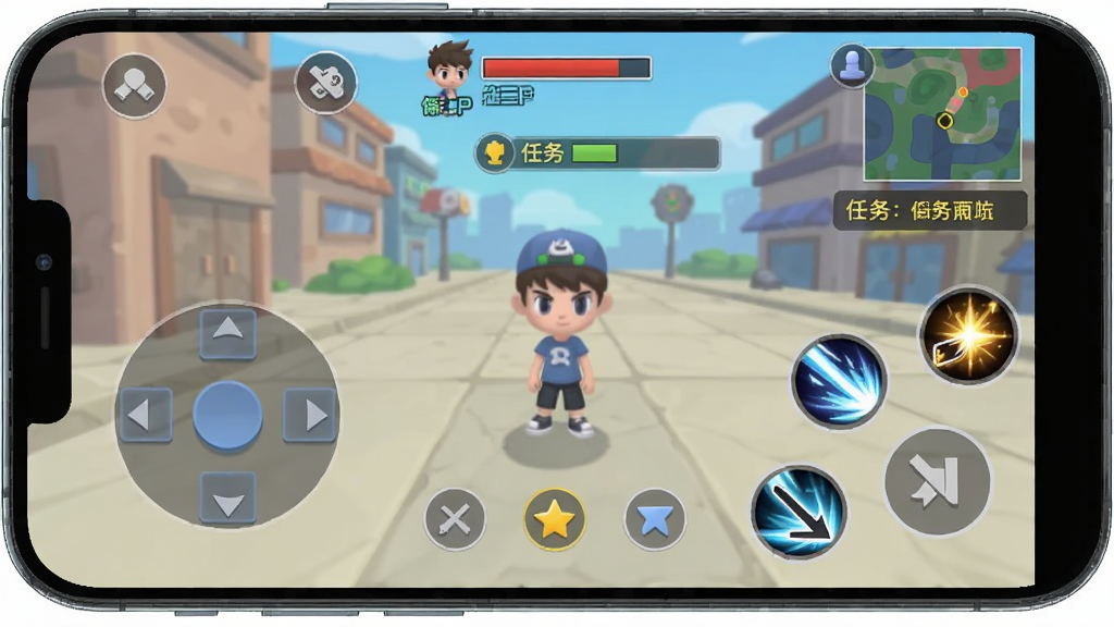 StreetBoy移动端操作界面示意图,主体是手机屏幕显示虚拟摇杆和技能按钮布局,布局为竖屏游戏画面,风格为扁平化UI设计,细节包括半透明按钮、角色血条、小地图、任务追踪栏,画质清晰,画面干净,无多余元素