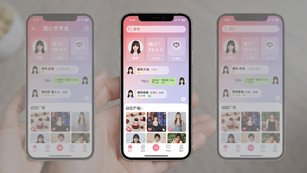 一张展示甜心世界APP核心界面的手机预览图,画面中央是一部竖屏智能手机,屏幕内呈现社交交友应用的主页布局,包含用户头像卡片、聊天入口和动态广场模块,整体采用粉紫色渐变色调,风格清新甜美,细节包括底部导航栏和顶部搜索框,画质清晰干净,无多余元素