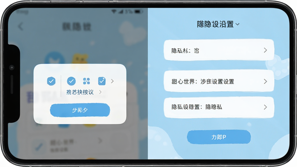 一张展示甜心世界新手设置引导页面的手机截图,画面中手机屏幕显示权限授权弹窗和隐私设置选项,背景为浅蓝色,风格简洁明快,细节包括权限图标和跳过按钮,画质清晰干净,无多余元素