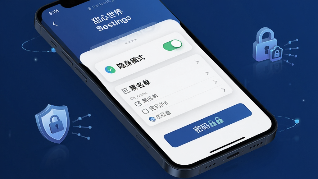一张展示甜心世界隐私安全保护功能的界面图,画面中手机屏幕显示安全设置页面,包含隐身模式开关、黑名单列表和密码锁选项,背景为深蓝色调,风格稳重专业,细节包括盾牌图标和加密标识,画质清晰干净,无多余元素