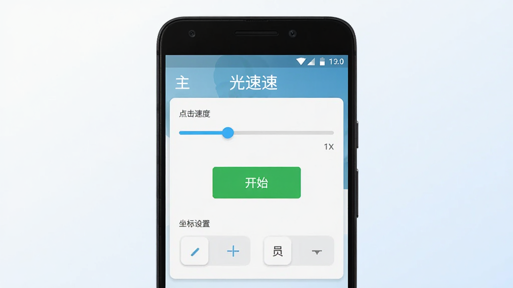 光速连点器软件主界面截图,画面中央展示一部安卓手机,手机屏幕上显示光速连点器的操作面板,包含点击速度滑块、开始按钮和坐标设置选项,背景为简洁的浅色渐变,整体风格清爽现代,画质清晰,干净无多余元素