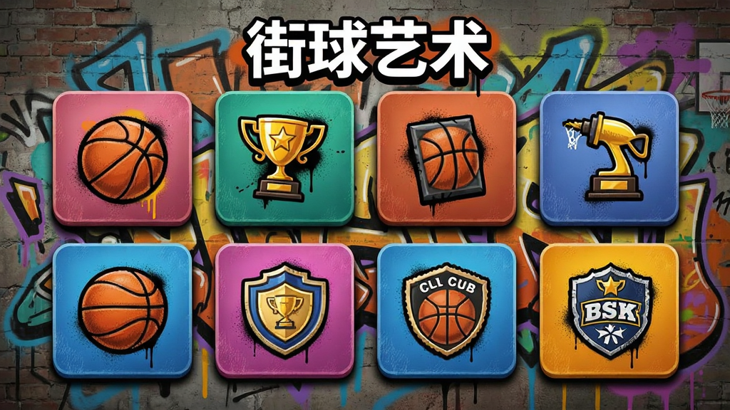 街球艺术多样玩法模式选择界面,画面主体为多个模式入口图标排列在街头涂鸦墙前,布局为网格状卡片展示,风格为街头涂鸦艺术风,细节包含篮球、奖杯、俱乐部徽章等元素,画质高清干净,画面中文字为“街球艺术”
