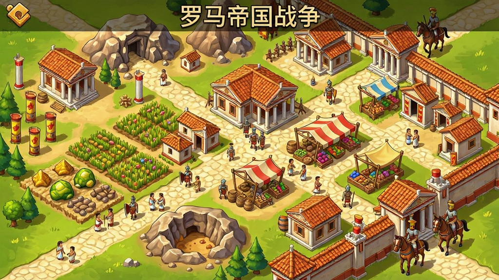 一幅古罗马风格城市建设管理游戏的俯瞰场景插画,画面中央是一座正在扩建的罗马城镇,有农田、矿场、兵营与市场等建筑,道路上有市民与士兵走动,城墙外有巡逻的骑兵;布局采用俯视四十五度视角,建筑错落有致,左侧是资源产区,右侧是军事区;风格为卡通写实混合风格,色彩明亮温暖;细节包括建筑上的罗马柱、屋顶的瓦片、市场摊位上的货物;画质清晰,干净,无多余元素,画面中可出现“罗马帝国战争”字样作为标题