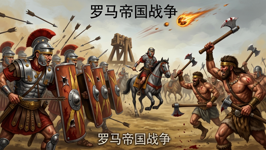一幅古罗马战场实时战斗场景插画,画面中罗马军团与敌方蛮族军队正在激烈交战,左侧是罗马方阵,士兵举盾抵挡箭雨,右侧是蛮族战士挥舞战斧冲锋,中央有骑兵穿插,天空有投石车抛出的火球;布局采用动态斜向构图,突出冲锋的动势;风格为写实战争插画,色彩以土黄、铁灰与血红色为主;细节包括盾牌上的凹陷、士兵脸上的汗水、地面上的尘土飞扬;画质清晰,干净,无多余元素,画面中可出现“罗马帝国战争”字样作为标题