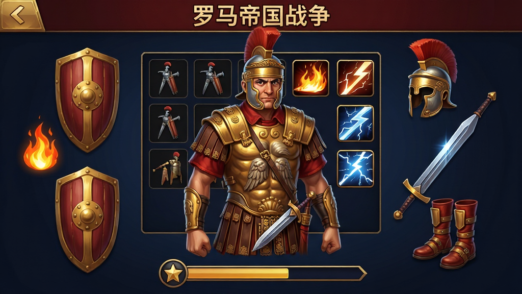 一幅展示古罗马将领养成界面插画,画面中央是一位身穿华丽盔甲的罗马将领,背后有装备栏与技能图标,周围环绕着盾牌、头盔、长剑与战靴等装备,下方有升星进度条;布局采用角色居中、装备环绕的展示式构图;风格为游戏UI美术风格,色彩以金色、深红与暗蓝为主;细节包括盔甲上的浮雕、剑刃的寒光、技能图标的火焰与闪电效果;画质清晰,干净,无多余元素,画面中可出现“罗马帝国战争”字样作为标题