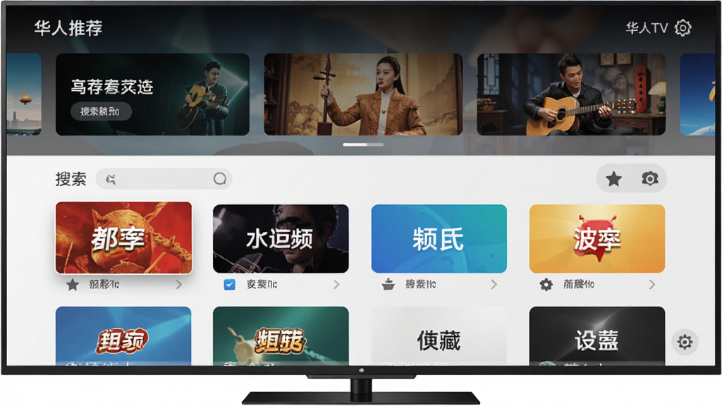 ����TV��ҳ����չʾ������Ϊ������Ļ�ϵ�Ӧ����ҳ������Ϊ�����Ƽ�������·�Ƶ��������ڣ��Ű������򣬷��Ϊ��ˬ��ƽ��UI��ϸ�ڰ����������ղذ�ť������ͼ�꣬�����������ɾ����޶���Ԫ��