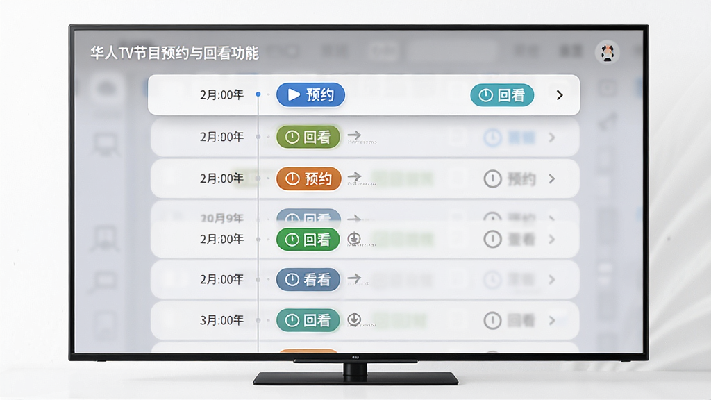 ����TV��ĿԤԼ��ؿ����ܽ��棬����Ϊ������Ļ�ϵĽ�Ŀ��ʱ���ᣬ����Ϊ����ʱ���б����Ű水���ں�Ƶ�����飬���Ϊ�����Ϣ����ƣ�ϸ�ڰ���ԤԼ��ť�ͻؿ���ʶ�����ʸ��壬�ɾ����޶���Ԫ��