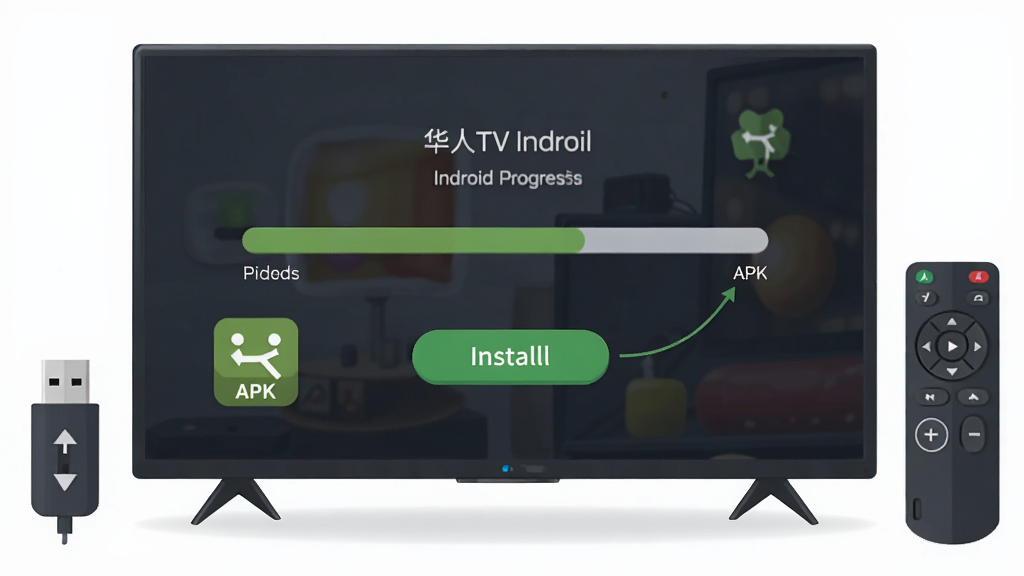 һ��չʾ����TV�ڰ�׿�����ϰ�װ���̵�ʾ��ͼ������Ϊ������Ļ��ң����������Ϊ��Ļ��ʾ��װ���������Ű��࣬���Ϊ��ƽ���Ƽ��廭��ϸ�ڰ���U�̡�APKͼ��Ͱ�װ��ť�������������ɾ����޶���Ԫ��