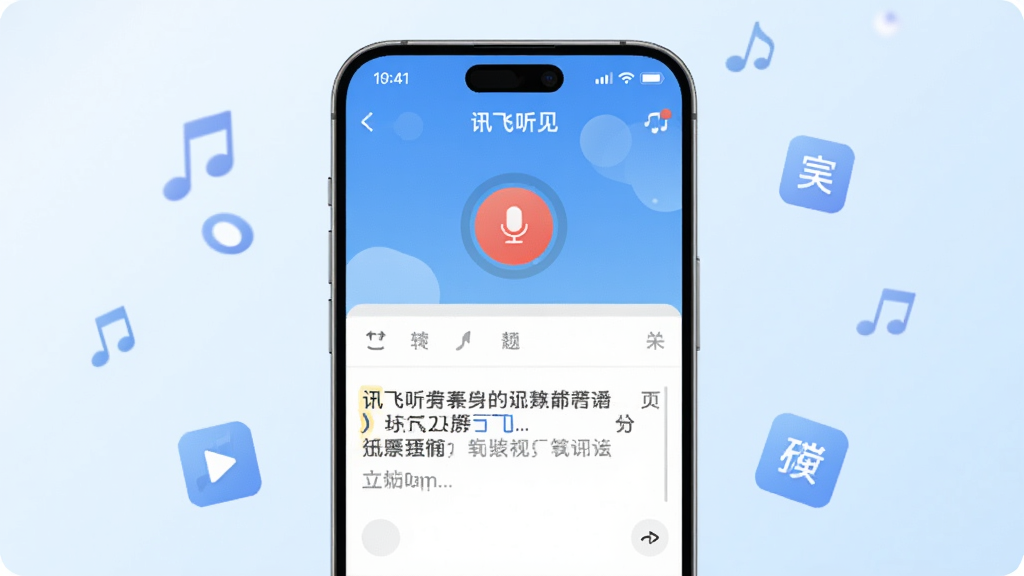 画面中央展示一部智能手机,手机屏幕亮起显示“讯飞听见”应用主界面,界面内有录音按钮和文字转写区域,背景为简洁的浅蓝色渐变,周围漂浮若干音符与文字方块图标,整体风格清爽现代,细节清晰,画质干净,无多余元素