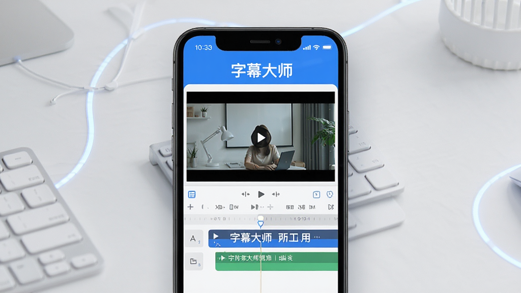一张展示字幕大师软件主界面的图片,画面中央是手机屏幕,屏幕内显示视频预览窗口和下方字幕编辑轨道,界面简洁现代,主色调为蓝白色,屏幕上方有字幕大师文字标识,背景为干净的浅灰色桌面,整体风格清爽科技感,画质清晰干净,无多余元素