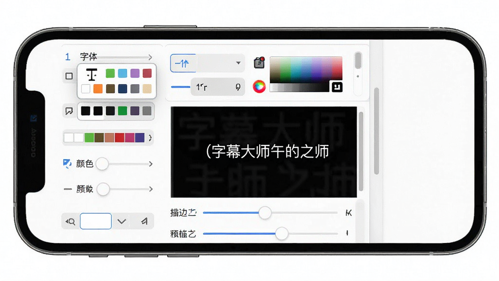 一段AI生图提示词:画面主体是字幕大师的字幕样式设置面板,屏幕中显示字体选择、颜色拾取器、描边粗细滑块等控件,预览区域有一行示例字幕文字,布局为手机屏幕居中,背景为干净的白色,风格为现代UI设计,细节包括色板、滑块、预览文字,画质清晰干净,无多余元素