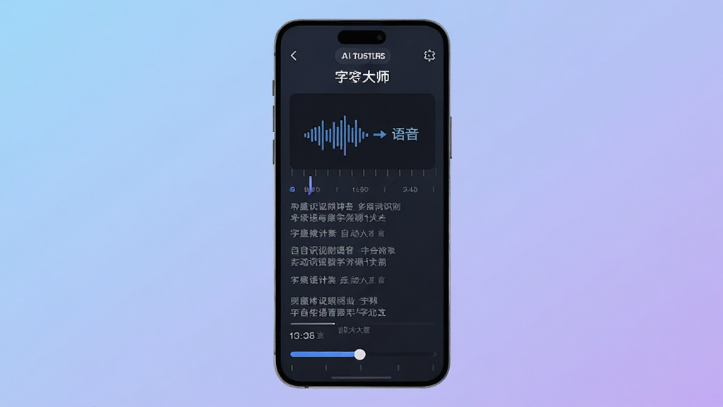一段AI生图提示词:画面主体是一部智能手机,手机屏幕上显示字幕大师正在自动识别视频语音并生成字幕列表,屏幕中有声波图标和文字转换箭头,布局为手机居中放置,背景是柔和的蓝紫渐变,风格为扁平化科技插画,细节包括字幕行、时间轴刻度、识别进度条,画质高清干净,无多余元素