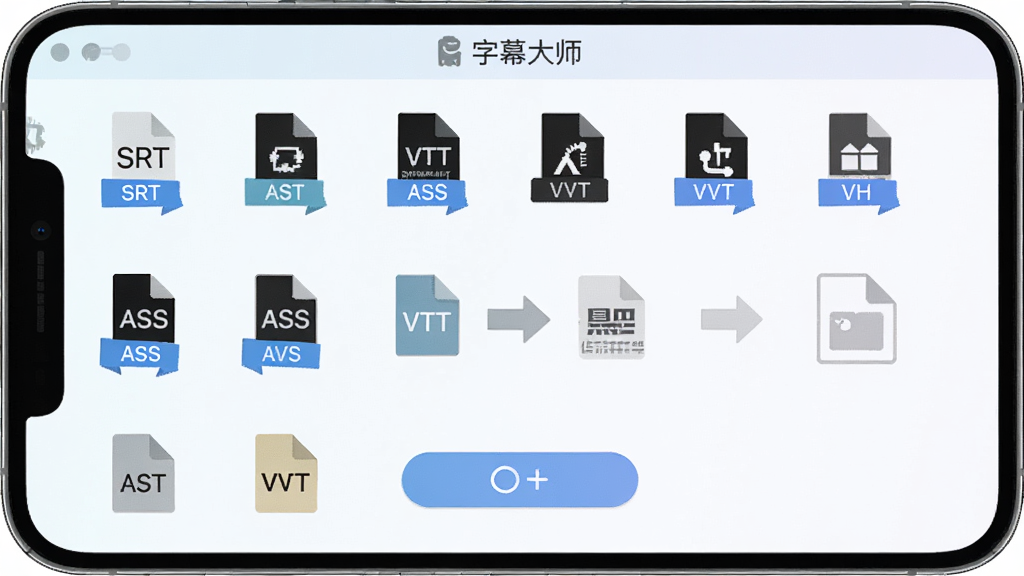 一段AI生图提示词:画面主体是字幕大师的格式转换界面,屏幕中显示多个字幕文件图标排列,有SRT、ASS、VTT等格式标签,中间有转换箭头指向输出格式,布局为手机屏幕居中,背景为浅色渐变,风格为简洁扁平化设计,细节包括文件图标、格式文字标签、转换按钮,画质高清干净,无多余元素