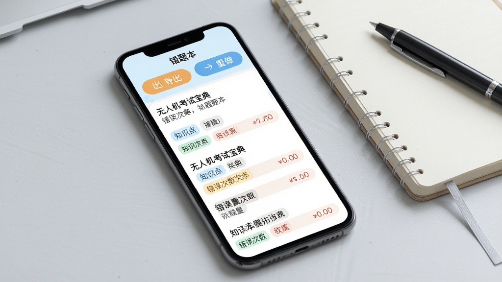 无人机考试宝典错题本功能界面图,手机屏幕显示错题列表,每道错题下方标注知识点标签和错误次数,屏幕上方有导出和重做按钮,界面风格清新浅色,背景为淡灰色桌面,旁边放着一本笔记本和一支笔,整体画面整洁有序,画质高清,无多余元素