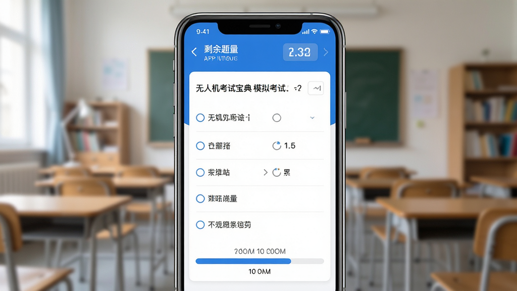 无人机考试宝典APP模拟考试界面展示图,手机屏幕中央显示一道无人机理论考试选择题,选项下方有倒计时进度条,屏幕顶部显示剩余题量和当前得分,整体界面采用蓝白配色,简洁专业,背景为模糊的教室或书房环境,光线柔和,画质清晰,干净无多余元素