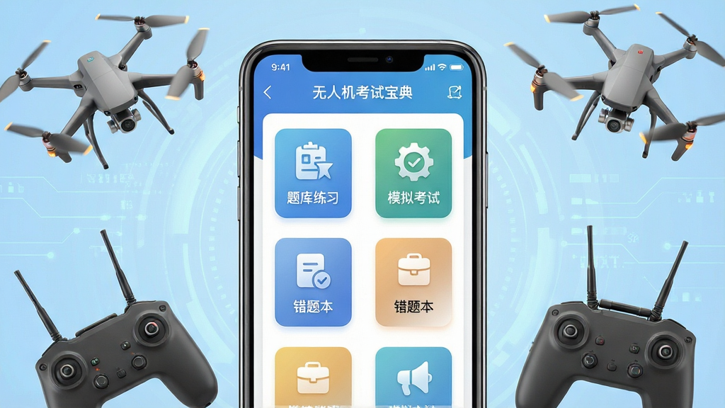 一张展示无人机考试宝典手机应用界面的场景图,画面中央是一部竖屏智能手机,屏幕内显示无人机考试宝典APP的首页,包含题库练习、模拟考试、错题本等功能入口图标,手机周围环绕着无人机、螺旋桨、遥控器等元素,背景为浅蓝色渐变科技风格,布局简洁清晰,排版居中,细节丰富,画质高清,干净无多余元素