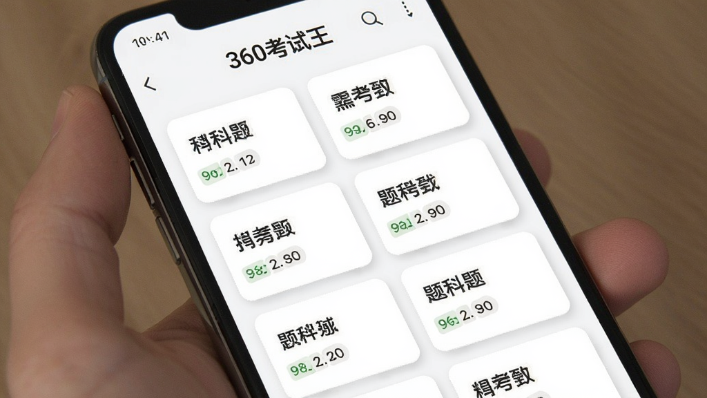 一张展示360考试王题库分类页面的手机截图,画面中手机屏幕显示多个考试科目卡片整齐排列,每个卡片上有科目名称和题目数量,背景为白色,卡片带有轻微阴影,整体布局清晰,风格简约商务,画质干净,无多余装饰元素