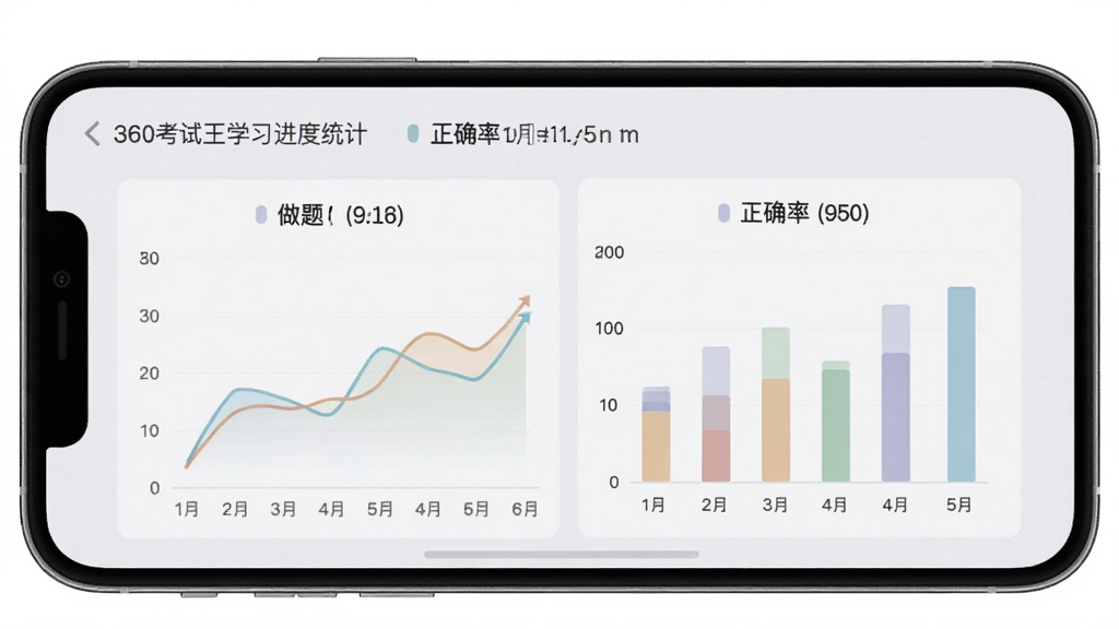 一张展示360考试王学习进度统计页面的手机截图,画面中手机屏幕显示折线图和柱状图,展示一周内的做题数量和正确率变化,图表颜色柔和,背景为浅灰色,整体风格素雅极简,画质干净,无多余元素