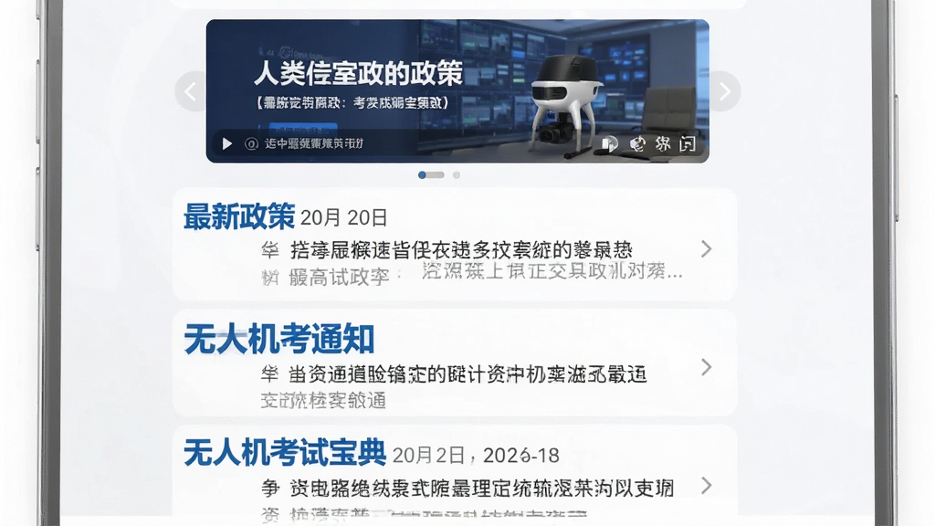 无人机考试宝典资讯页面截图,手机屏幕显示考试通知列表,每条通知带有日期标签和标题摘要,顶部有轮播图展示最新政策,界面采用卡片式布局,浅色背景配蓝色标题,整体风格商务简洁,画质清晰,干净无多余元素