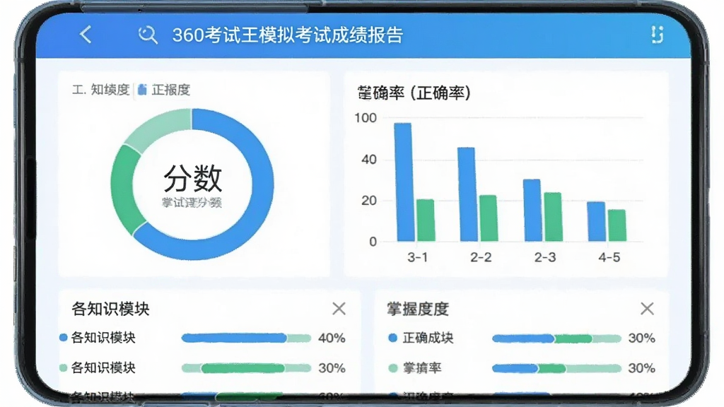 一张展示360考试王模拟考试成绩报告页面的手机截图,画面中手机屏幕显示环形分数图表和条形正确率统计图,下方有各知识模块的掌握度列表,配色以蓝色和绿色为主,风格清新浅色,画质清晰,布局整齐,无多余元素
