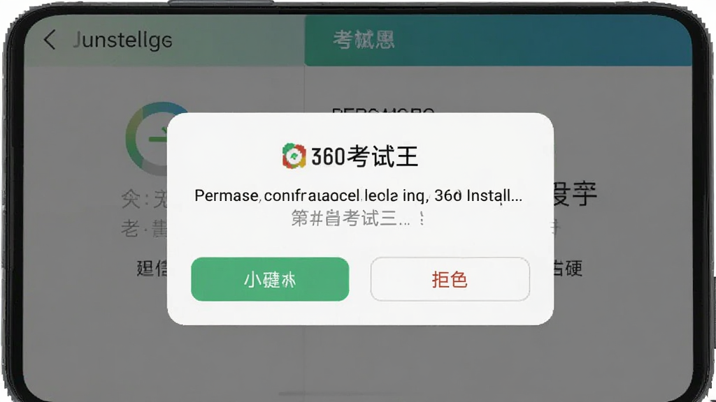一张展示手机安装360考试王过程中权限设置界面的截图,画面中手机屏幕显示权限申请弹窗,有允许和拒绝按钮,背景为手机设置界面,风格简约,画质清晰,干净无多余元素