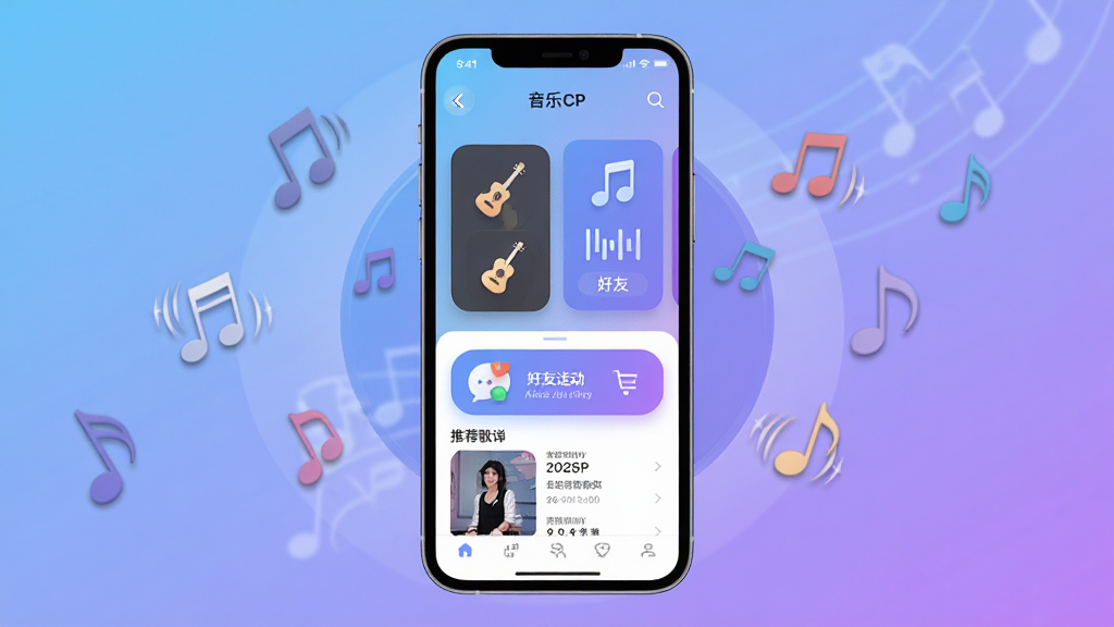 音乐CP软件主界面全貌展示,画面中央放置一部智能手机,屏幕显示音乐CP应用首页,包含乐器图标、节奏卡片、好友互动入口和推荐歌单,背景为柔和的渐变蓝紫色调,周围漂浮着音符和节拍符号,整体风格清新活泼,布局居中对称,细节清晰,画质干净,无多余元素