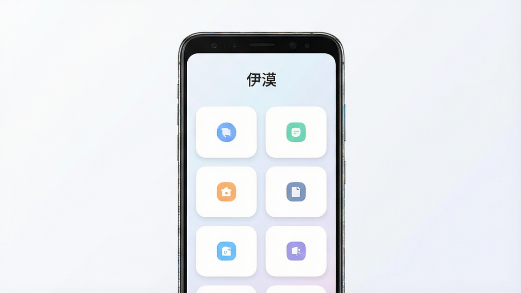 一张展示“伊漠”软件主界面的手机屏幕预览图,画面中央是一台竖屏安卓手机,屏幕上显示简洁的卡片式功能布局,顶部有“伊漠”文字标识,主体区域排列着几个圆角矩形功能入口图标,背景为干净的浅色渐变,整体布局清晰有序,风格为现代极简扁平化设计,细节上手机边缘带有轻微反光质感,画质清晰锐利,背景干净无多余元素