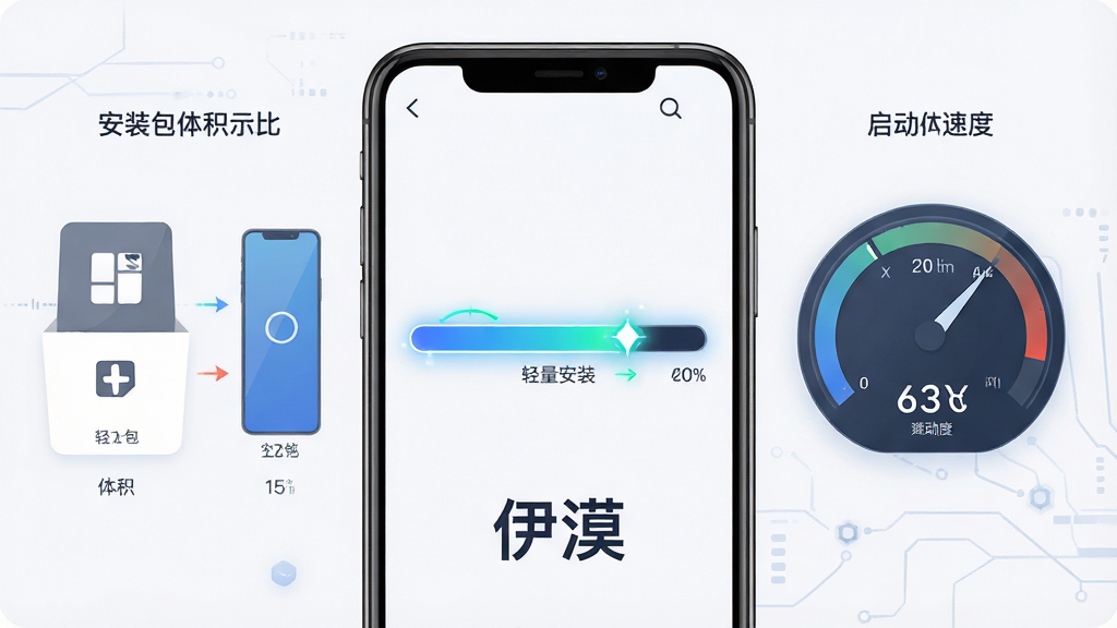 一幅表现“伊漠”轻量安装特性的AI生图,画面主体是一部手机屏幕显示安装进度条即将完成的瞬间,屏幕下方有“伊漠”字样,背景布局为左侧展示安装包体积对比示意图,右侧呈现启动速度仪表盘,整体排版左右对称,风格为科技感扁平插画,细节上进度条带有微光效果,画质高清,背景干净无多余元素