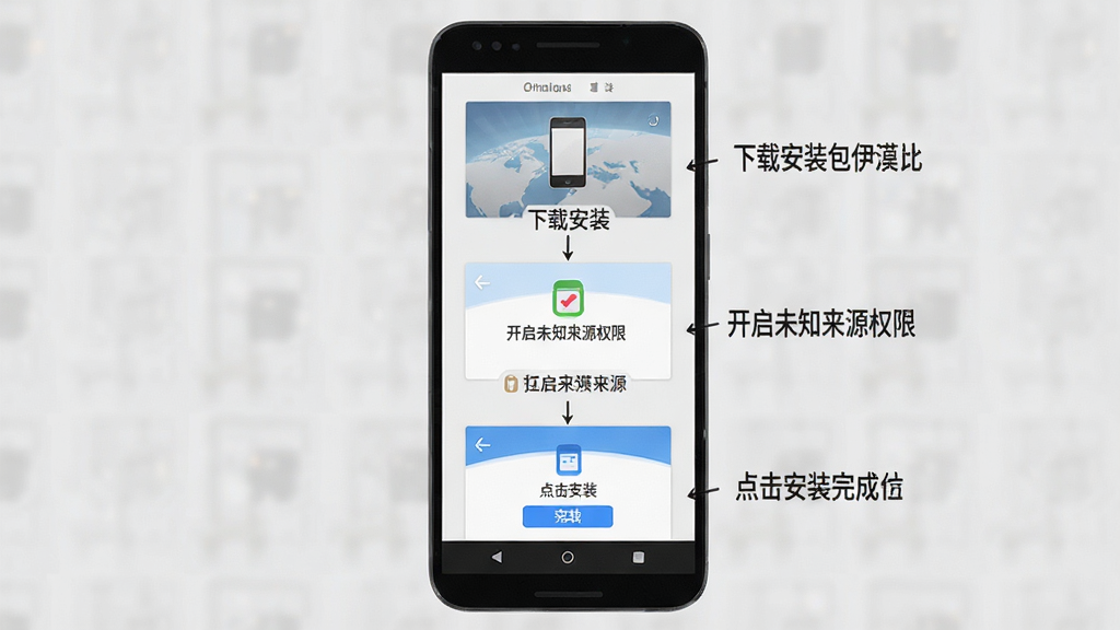 一张展示“伊漠”新手安装步骤的示意图,画面主体为一部安卓手机,屏幕上依次排列着三个操作步骤的缩略图,分别是下载安装包、开启未知来源权限、点击安装完成,布局为纵向流程式排列,风格为简洁的教程图解,细节上每个步骤配有简短的文字标注,画质清晰,背景为浅灰色,无多余元素