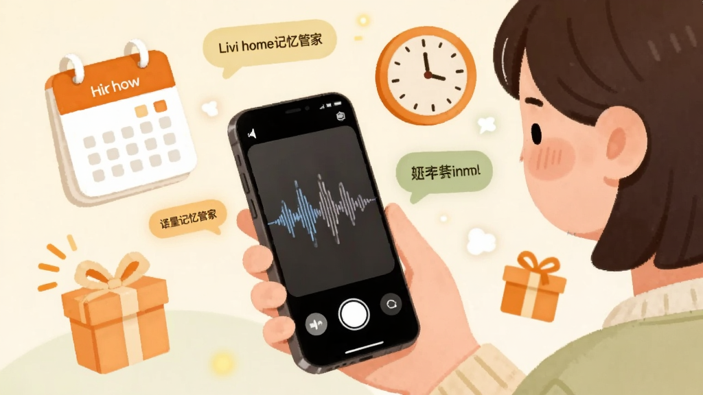 画面中一位用户正在用手机录制语音,手机屏幕显示语音转文字的动态波纹效果,周围环绕着日历、时钟、礼物盒等提醒元素,风格为温暖治愈系插画,色调以橙色、米白和浅绿为主,细节包括飘浮的文字气泡和柔和的光晕,画质清晰干净,图片中文字标注
