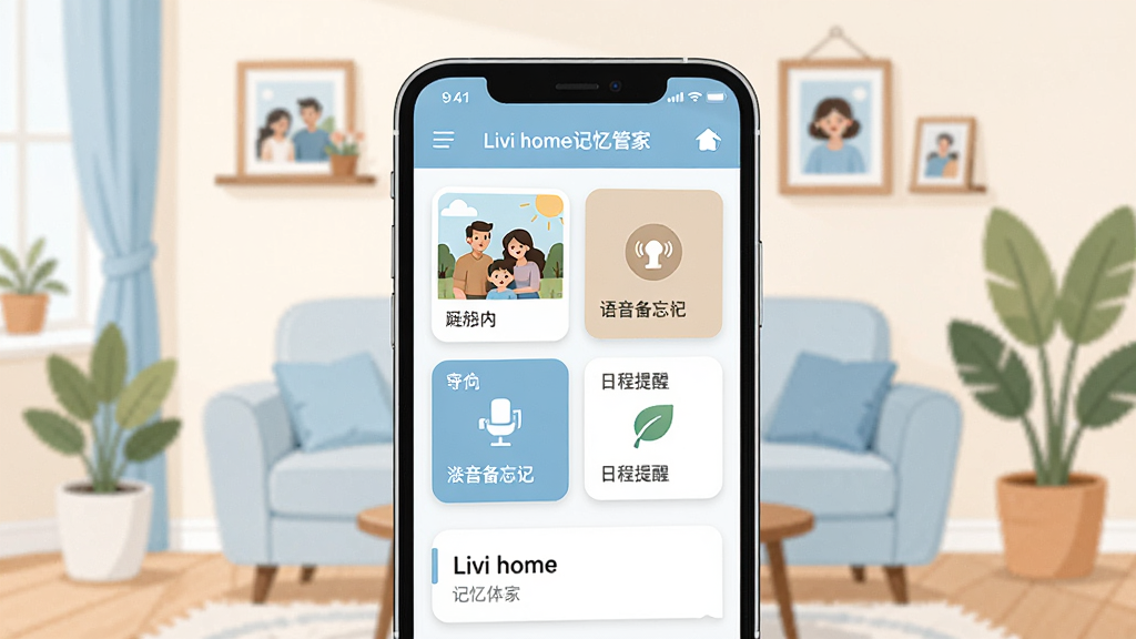 画面中央是一部智能手机,屏幕上显示着Livi home记忆管家的主界面,界面中有家庭相册、语音备忘录、日程提醒等卡片式布局,背景是温馨的家庭客厅场景,画面采用清新明亮的扁平化插画风格,细节包括沙发、绿植、相框等家居元素,整体色调以暖白与浅蓝为主,画质清晰干净,无多余杂乱元素,图片中文字标注