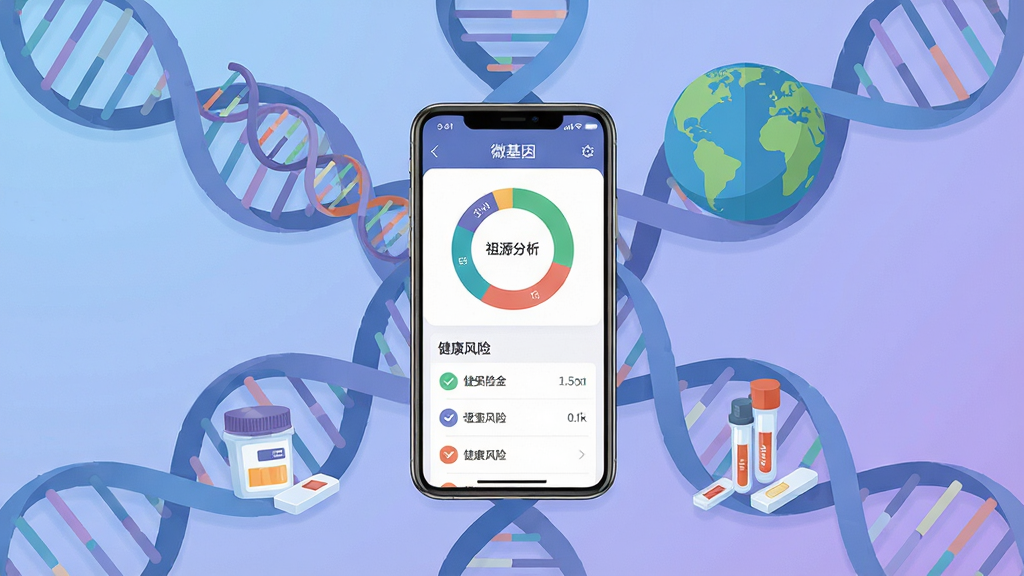 整体画面以基因双螺旋结构为背景,中央放置一部智能手机,手机屏幕上显示微基因App的祖源分析圆环图和健康风险列表界面,手机周围环绕着DNA链条、地球仪、唾液采集盒等元素,布局采用中心辐射式构图,排版整洁有序,风格为现代科技感扁平化插画,细节上手机界面文字清晰标注“微基因”字样,背景用柔和的蓝紫渐变,画质高清,干净,无多余元素