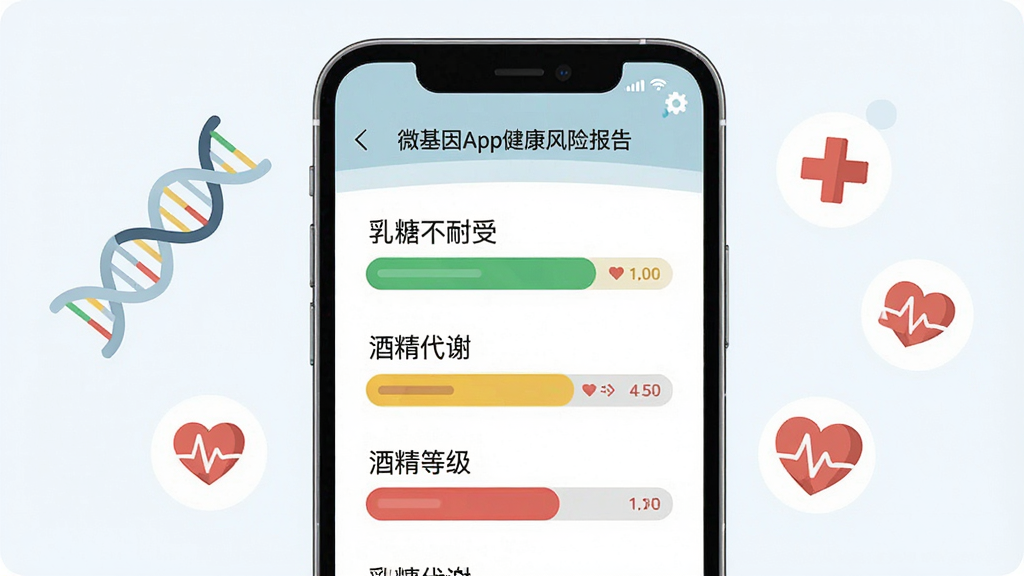 画面中央是一部手机,屏幕显示微基因App健康风险报告页面,页面中有绿色、黄色、红色风险等级标识,手机两侧漂浮着DNA螺旋、医疗十字、心率图标,布局采用中心对称,排版简洁,风格为医疗健康类扁平插画,细节上手机屏幕文字包含“乳糖不耐受”“酒精代谢”等字样,画质高清,干净,无多余元素