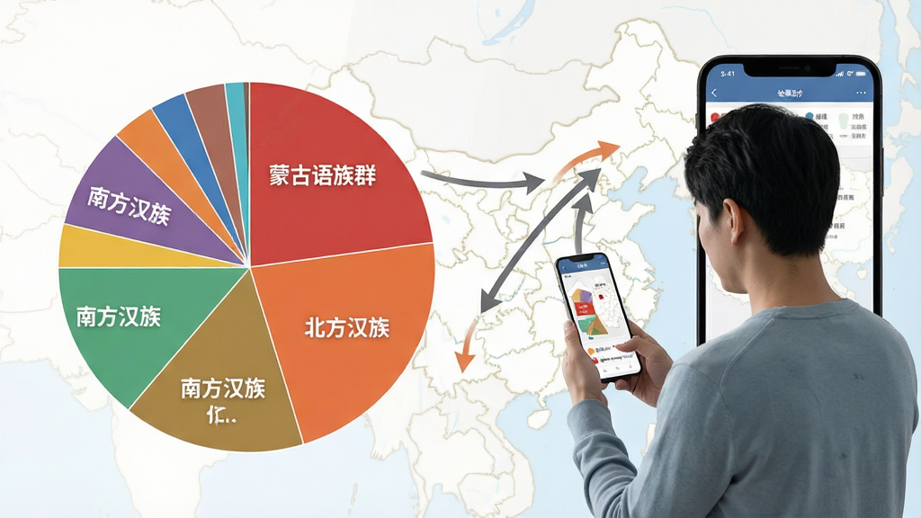 画面主体为一个圆形祖源成分饼图,不同颜色区块代表不同族群,饼图旁站立一位用户正在观看手机屏幕,背景是中国地图与迁徙路线箭头,布局采用左右分栏,左侧饼图右侧手机界面,排版清晰,风格为数据可视化信息图,细节上饼图区块标注“北方汉族”“南方汉族”“蒙古语族群”等文字,画质高清,干净,无多余元素