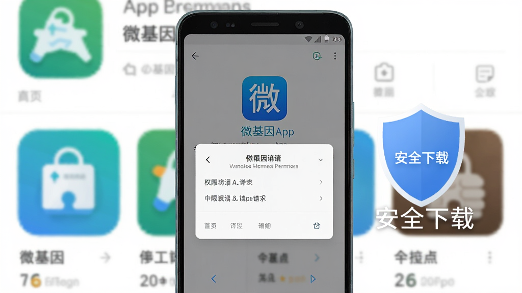 画面展示一部安卓手机正在安装微基因App,屏幕显示权限请求弹窗,手机旁边有盾牌图标和“安全下载”字样,背景是应用商店界面,布局采用中心聚焦,排版简洁,风格为安全提示类插画,细节上手机屏幕清晰显示微基因图标和权限选项,画质高清,干净,无多余元素