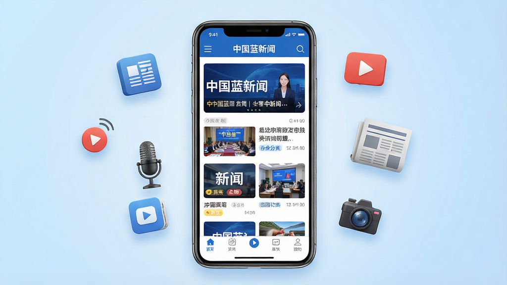 一幅横版新闻资讯类App全景展示图,画面中央是一部智能手机,屏幕显示“中国蓝新闻”客户端首页界面,包含蓝色主色调的顶部导航栏、滚动新闻横幅、多个新闻卡片列表和底部菜单栏,手机周围漂浮着新闻图标、直播播放按钮、麦克风、报纸、摄像机等元素,背景为浅蓝色渐变,整体布局简洁清晰,风格现代科技感,细节包括新闻缩略图、时间标签、分类标签,画质高清,画面干净,无多余元素