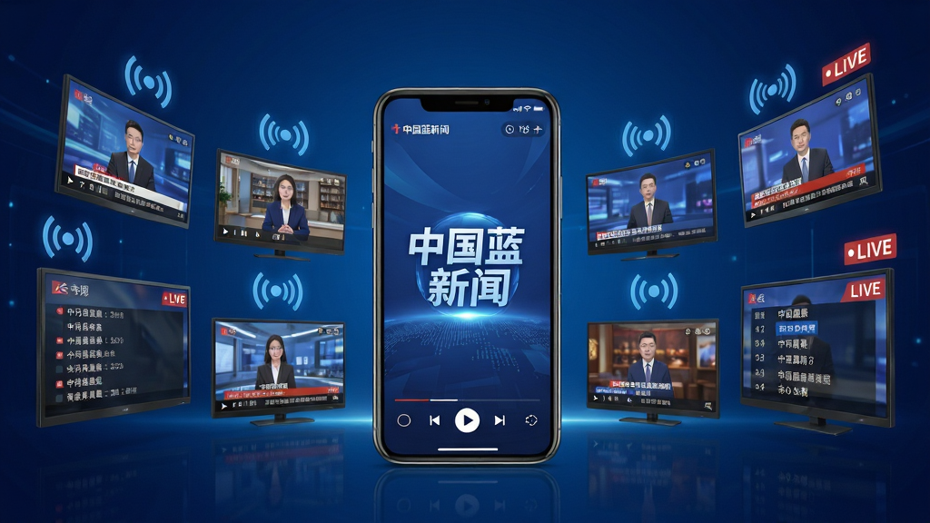 一幅展示多屏直播场景的图片,画面中央是一部手机,屏幕显示“中国蓝新闻”的电视直播界面,周围环绕着多个悬浮的电视屏幕和广播频率图标,每个屏幕播放不同的节目画面,背景为深蓝色科技感渐变,布局上手机居中,屏幕呈弧形排列,细节包括播放控制按钮、节目单、直播标签,风格现代、动感,画质高清,画面干净,无多余元素