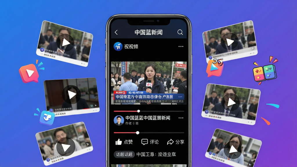 一幅展示短视频新闻界面的图片,画面中央是一部竖屏手机,屏幕显示“中国蓝新闻”的短视频播放页面,视频画面为新闻现场,下方有标题、点赞、评论、分享按钮,手机周围漂浮着多个视频缩略图、播放按钮、动画效果图标,背景为渐变的蓝紫色,布局上手机居中,元素环绕,风格年轻化、动感,细节包括进度条、作者头像、话题标签,画质高清,画面干净,无多余元素