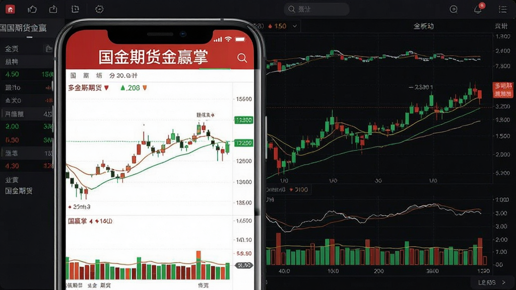 一张展示国金期货金赢掌行情分析功能的预览图,画面主体为手机屏幕内呈现多品种期货K线图与分时图,屏幕上方显示“国金期货金赢掌”字样,配色以红绿涨跌色为主,背景为深色交易界面风格,布局清晰,细节丰富,画质干净,无多余元素