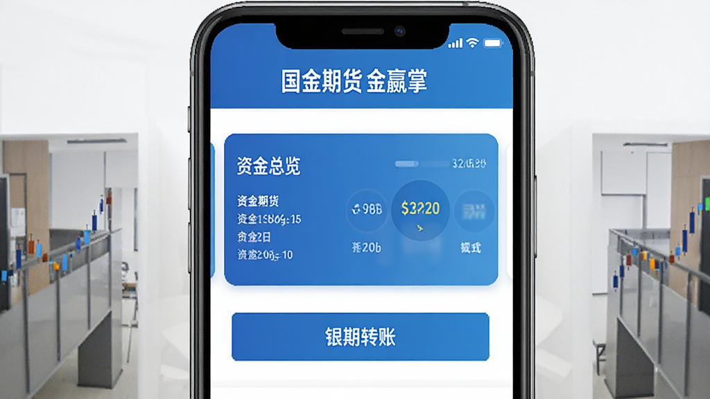 一张展示国金期货金赢掌账户资金管理页面的预览图,画面为手机屏幕内显示资金总览卡片与银期转账按钮,界面以蓝色和白色为主,顶部有“国金期货金赢掌”文字,背景干净简洁,布局规整,画质清晰,无多余元素