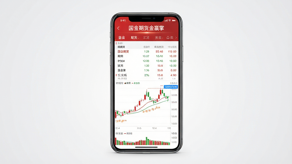 一张展示国金期货金赢掌手机应用主界面的预览图,画面中央是一部竖屏智能手机,屏幕内显示期货行情列表与K线图,界面以红色和白色为主色调,顶部有“国金期货金赢掌”文字标识,背景为干净的浅灰色渐变,整体风格简洁商务,细节清晰,画质干净,无多余元素