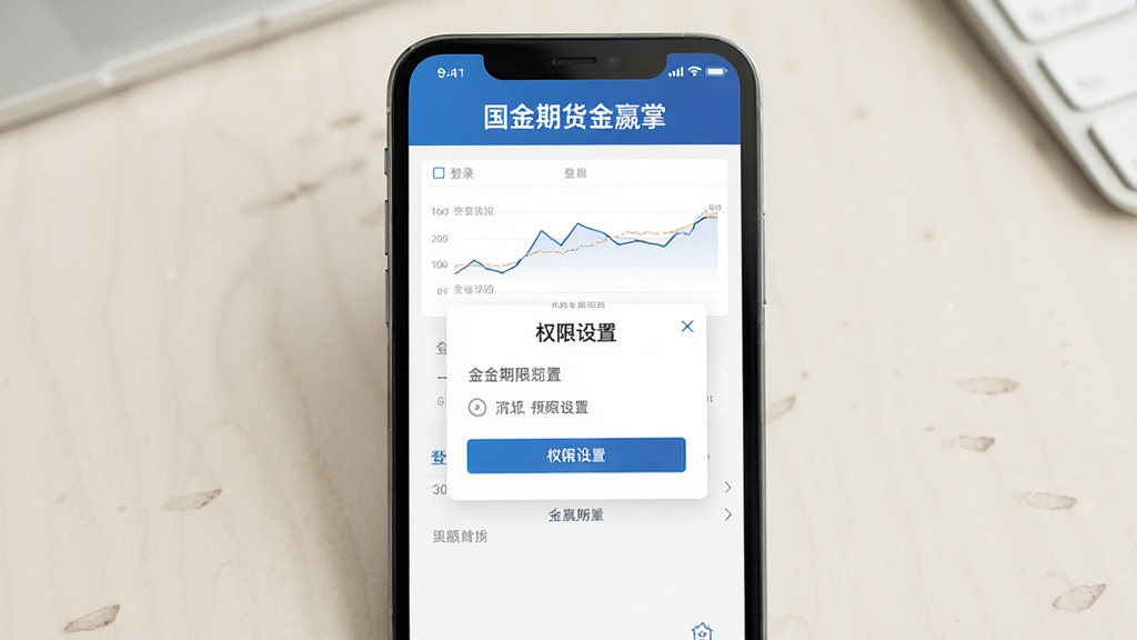 一张展示国金期货金赢掌移动端操作流程的预览图,画面为手机屏幕内显示登录界面与权限设置弹窗,界面以白色和蓝色为主,顶部有“国金期货金赢掌”文字,背景为干净的浅色桌面,布局清晰,画质干净,无多余元素