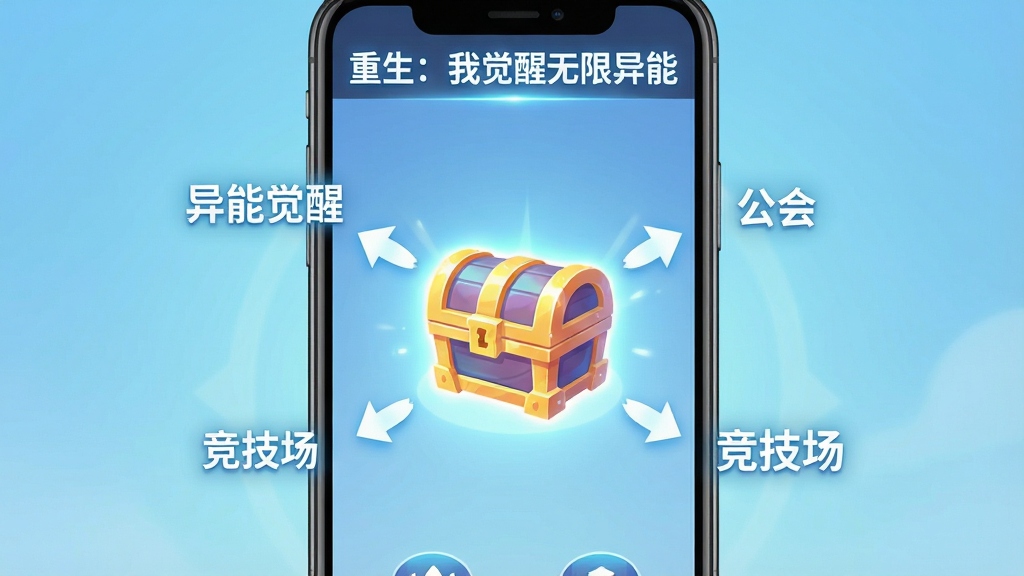 一幅游戏新手引导界面的插画,画面是一个手机屏幕竖版界面,屏幕中央显示一个发光的宝箱,宝箱周围有箭头指向不同的功能按钮,如“异能觉醒”“公会”“竞技场”。屏幕上方有“重生:我觉醒无限异能”标题栏。背景是浅蓝色渐变,风格简洁明快,图标清晰,文字用白色发光字体。画质干净,无多余元素。